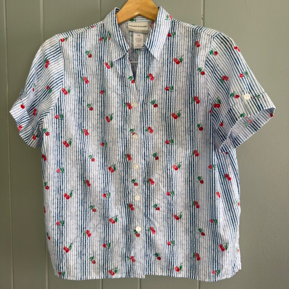 Alfred Dunner Tops - Cherry print striped button blouse Alfred Dunner PM petite cotton blend top